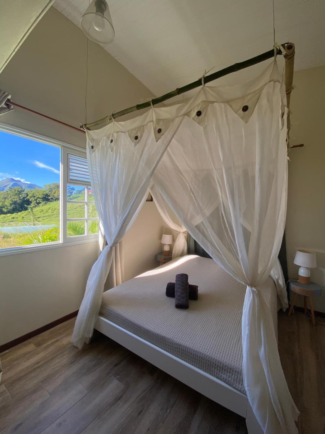 Chambre et SDB privative Roucou vue Mont Pelée dans maison partagée